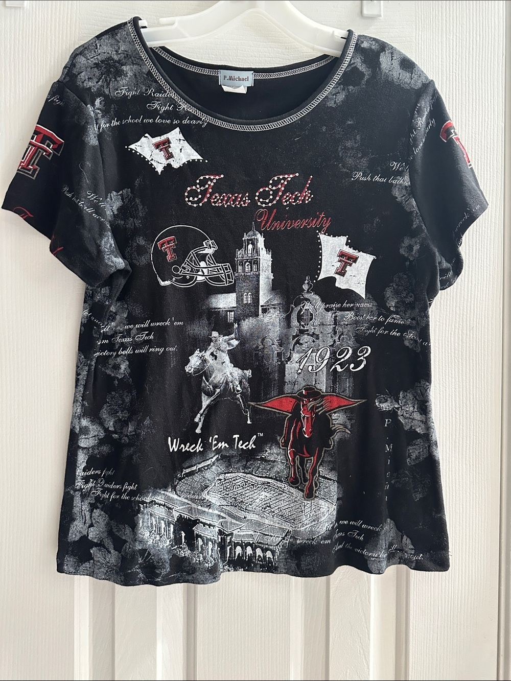 Y2K 2000s Texas Tech University Black Short Sleeve Tee Rhinestone Bling M USA